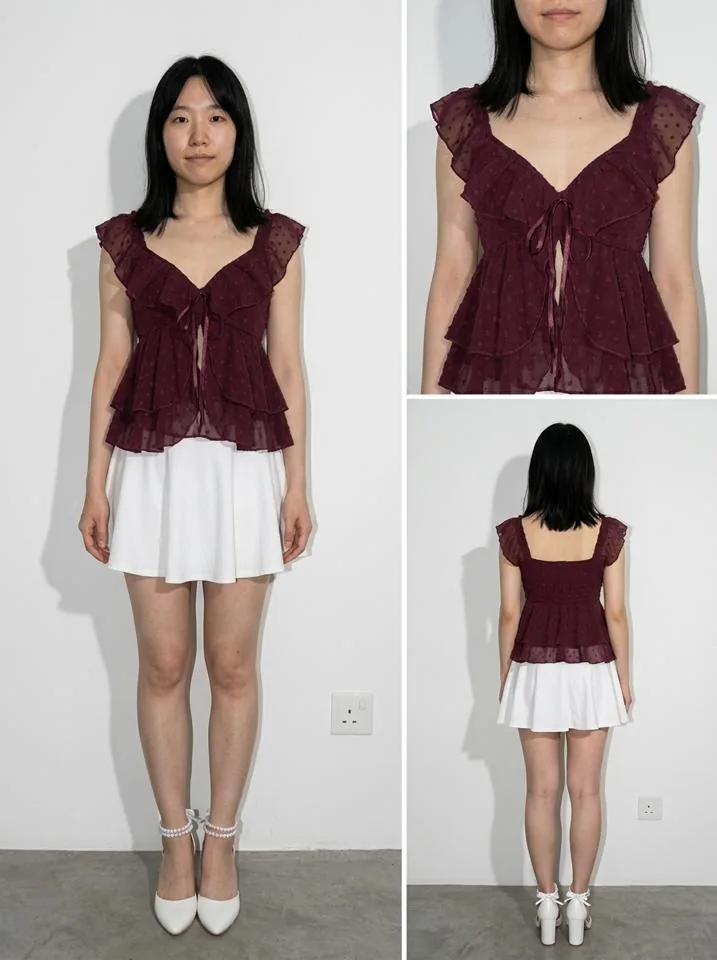 Resultado con top vino, falda blanca y tacones