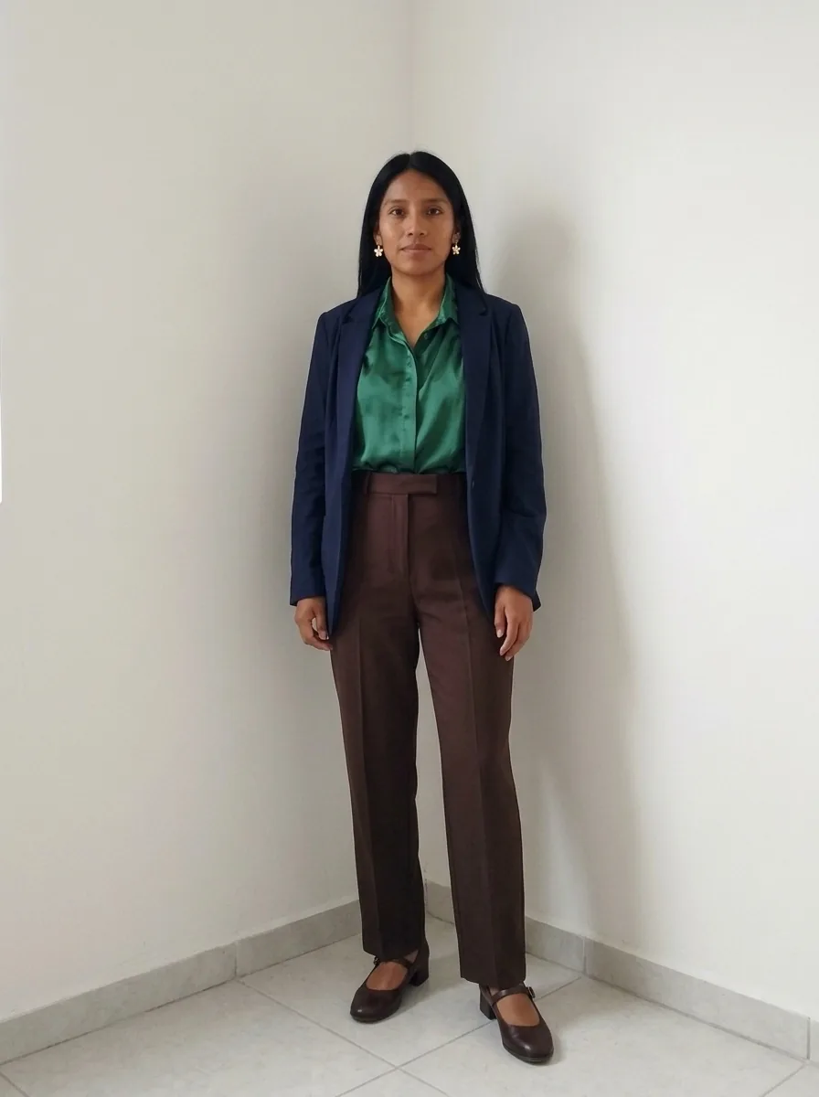 Blusa esmeralda, pantalón chocolate y saco azul marino
