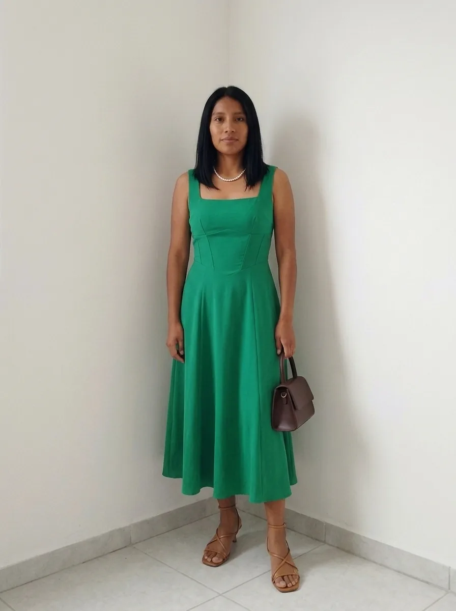 Vestido midi verde con sandalias camel y bolsa chocolate