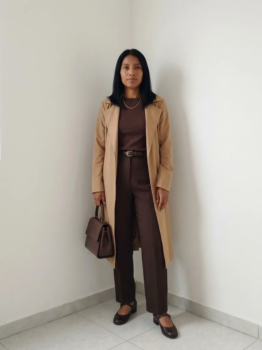 Conjunto chocolate con gabardina camel